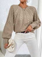 Cable Knit Pullover Sweater with Lantern Sleeves for Women