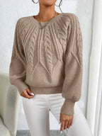Cable Knit Pullover Sweater with Lantern Sleeves for Women