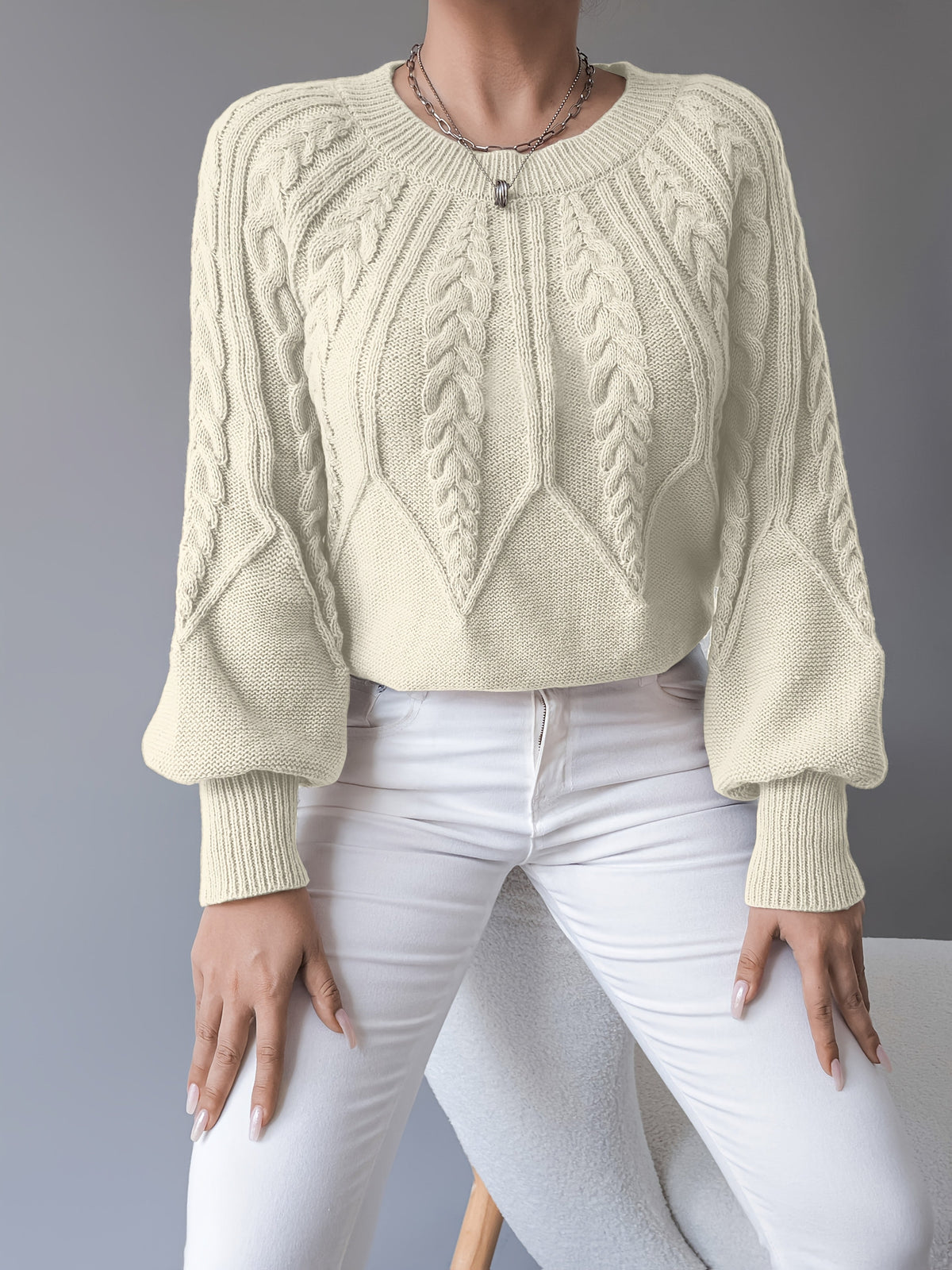 Cable Knit Pullover Sweater with Lantern Sleeves for Women