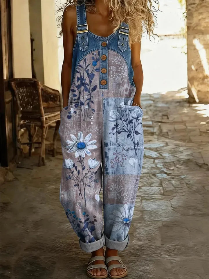 Floral Print Bohemian Style Women's Casual Washed Cotton Denim Patchwork Jumpsuit