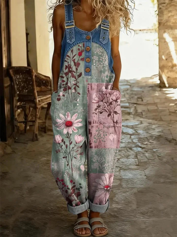 Floral Print Bohemian Style Women's Casual Washed Cotton Denim Patchwork Jumpsuit