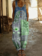 Floral Print Bohemian Style Women's Casual Washed Cotton Denim Patchwork Jumpsuit