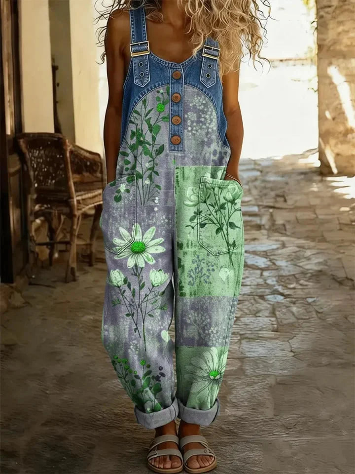 Floral Print Bohemian Style Women's Casual Washed Cotton Denim Patchwork Jumpsuit