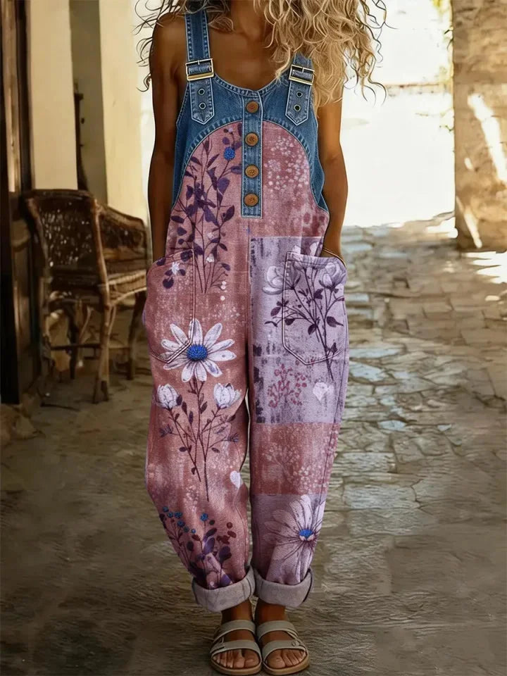 Floral Print Bohemian Style Women's Casual Washed Cotton Denim Patchwork Jumpsuit
