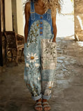 Floral Print Bohemian Style Women's Casual Washed Cotton Denim Patchwork Jumpsuit
