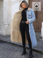 Manlish Women's Long Fleece Lined Denim Jacket  Loose Fit Cotton Outerwear
