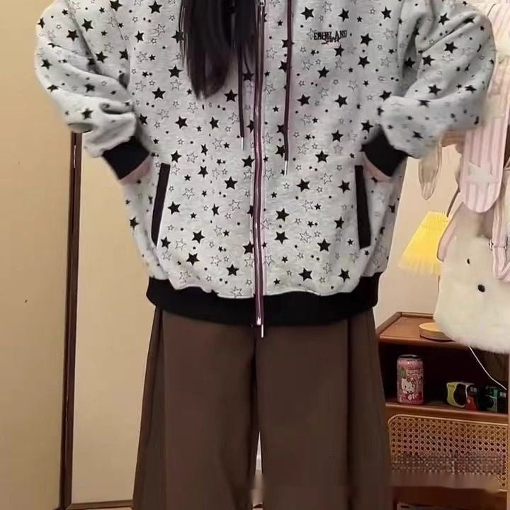 American-style Retro Streetwear Star-print Cardigan Hoodie