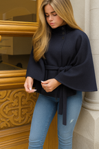 Elegant Women's Cape Coat with High Collar and Self-Tie Belt