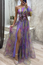 Elegant one-shoulder mesh summer dress