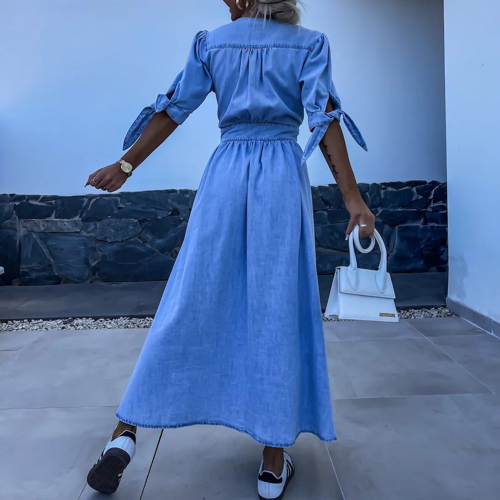 Elegant V-Neck Denim Dress for Women – Chic & Timeless Style