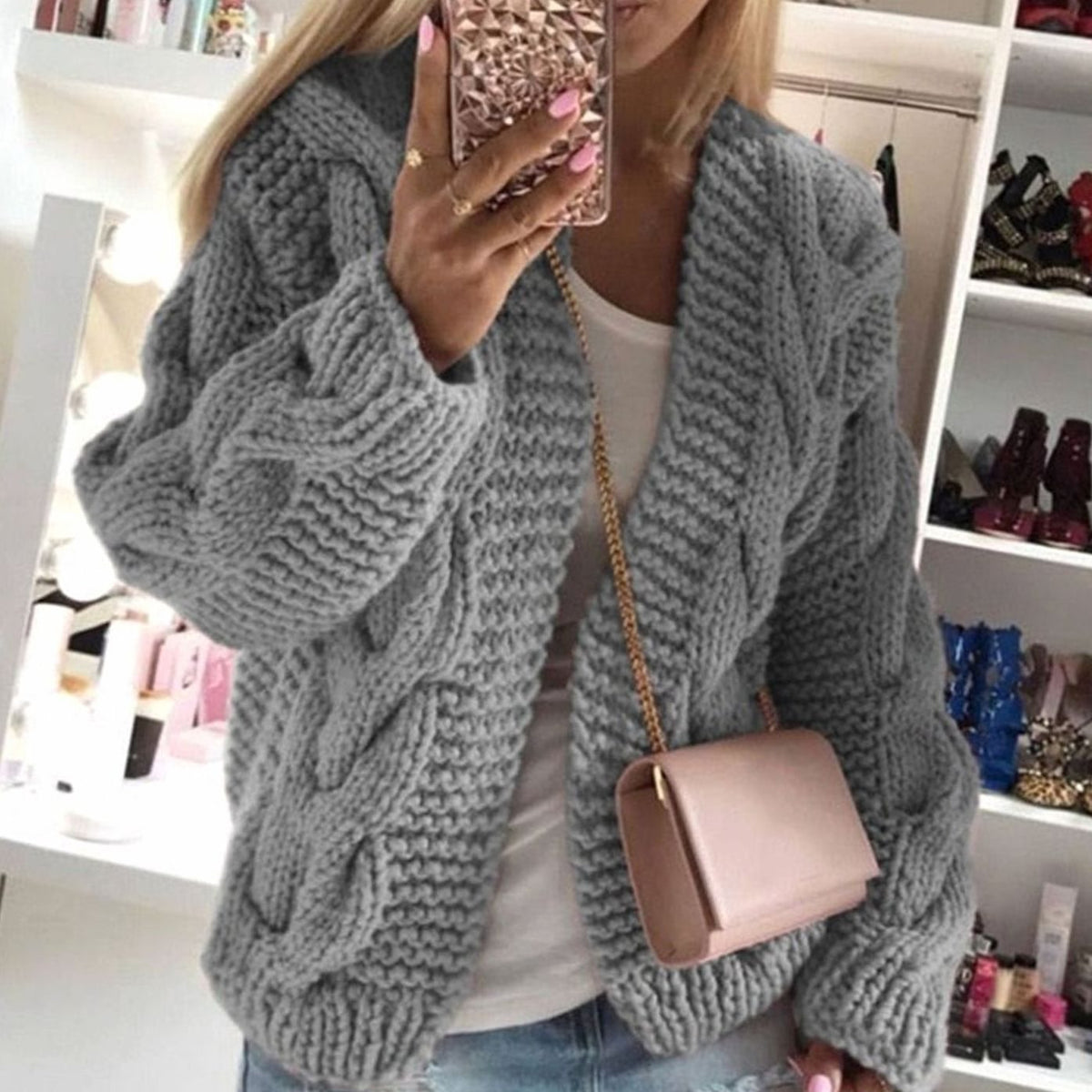 Chunky Knit Open Front Cardigan Oversized Women’s Jacket