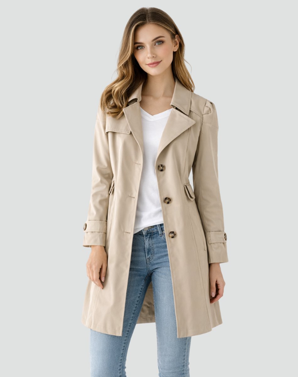 Tailored Women's Trench Coat with Notch Lapel and Button Closure