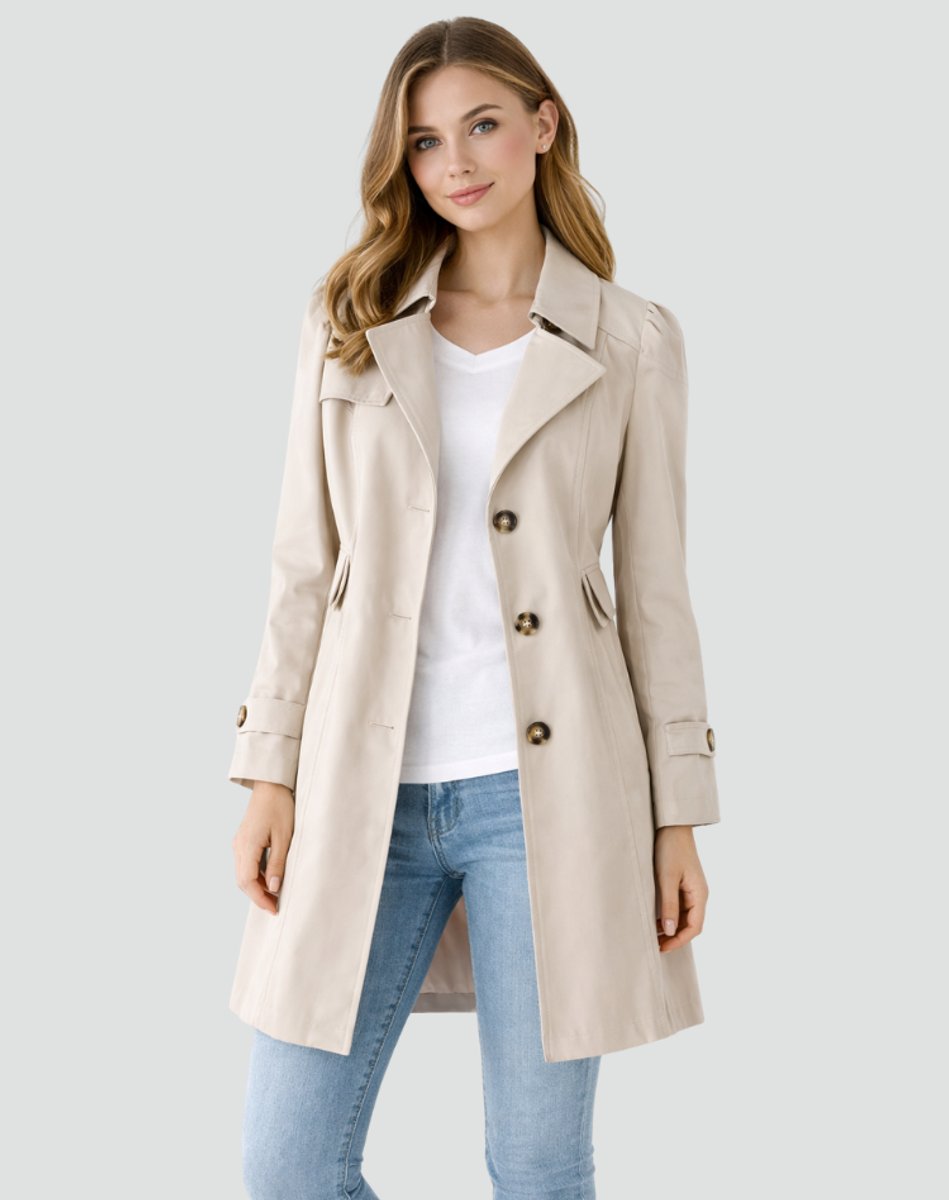 Tailored Women's Trench Coat with Notch Lapel and Button Closure