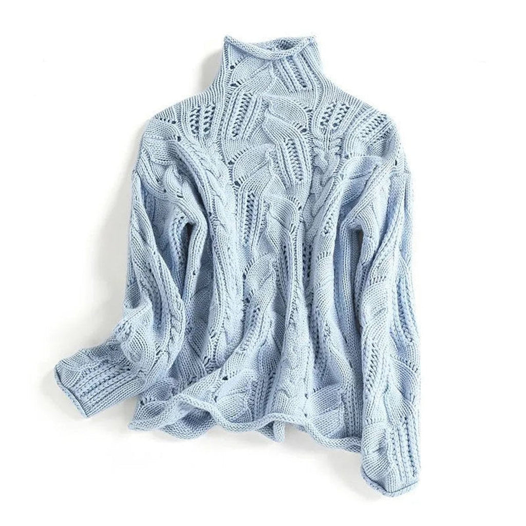 Cable-Knit Turtleneck Sweater for Women with Relaxed Fit and Openwork Details