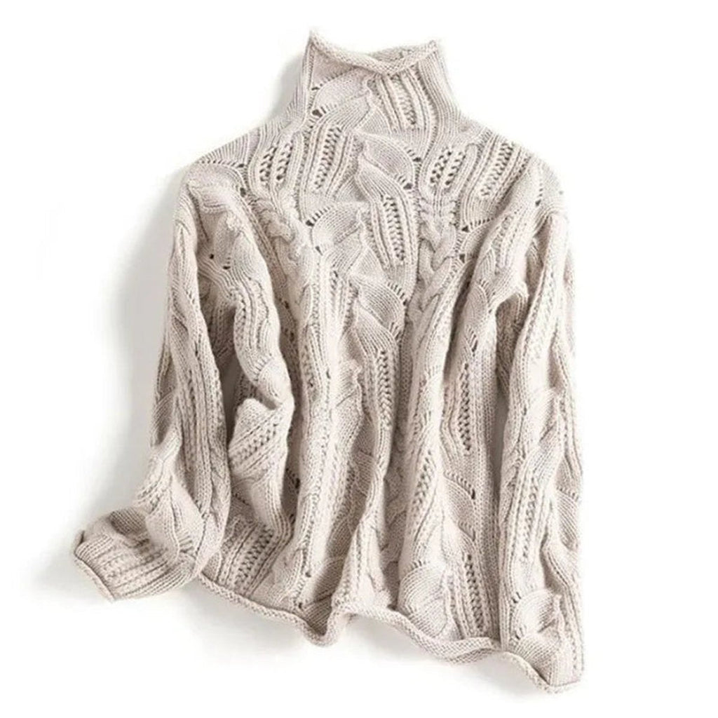 Cable-Knit Turtleneck Sweater for Women with Relaxed Fit and Openwork Details