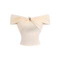 Womens Solid-Color Fashion Metal-Clasp Off-Shoulder Short Sleeve Top