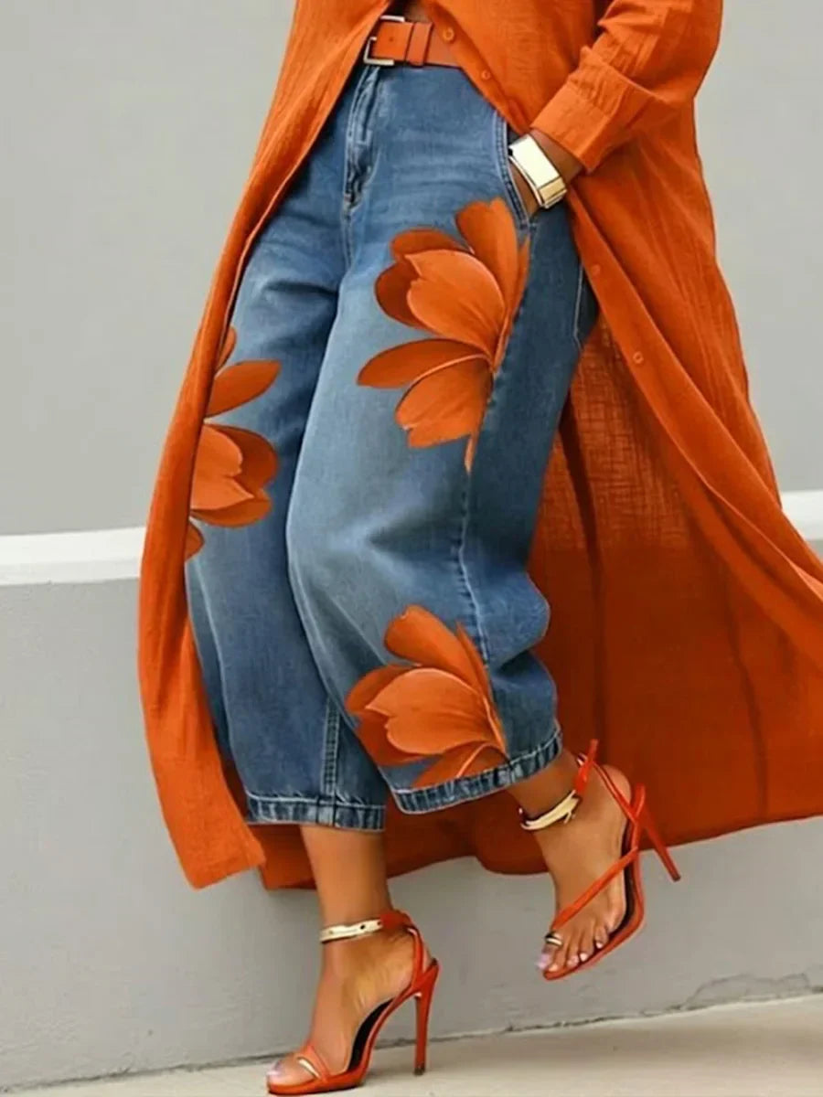 Women's Shirt Dress and Floral Jeans Two-Piece Set for Easy Layering