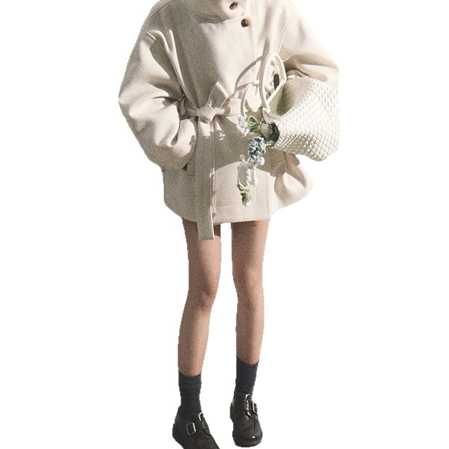 Women’s Wool-Blend Stand Collar Waist-Defined Coat