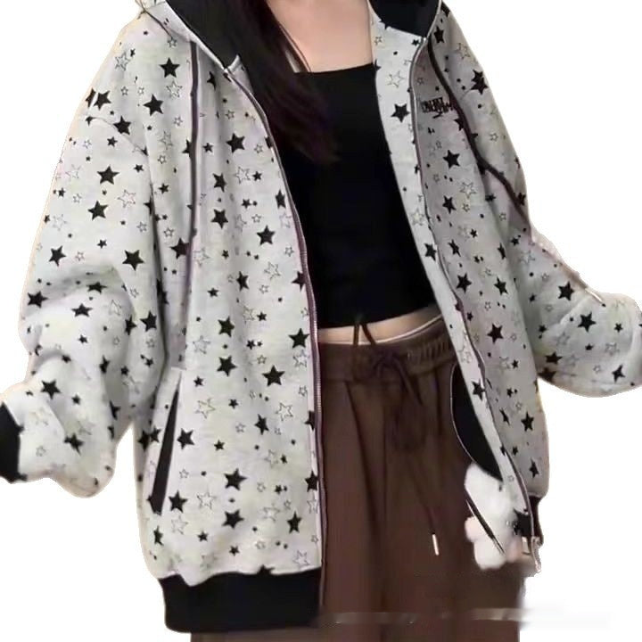 American-style Retro Streetwear Star-print Cardigan Hoodie