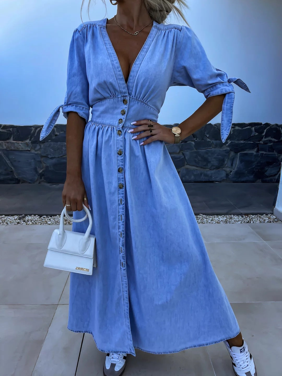 Elegant V-Neck Denim Dress for Women – Chic & Timeless Style