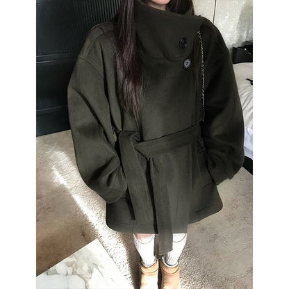 Women’s Wool-Blend Stand Collar Waist-Defined Coat