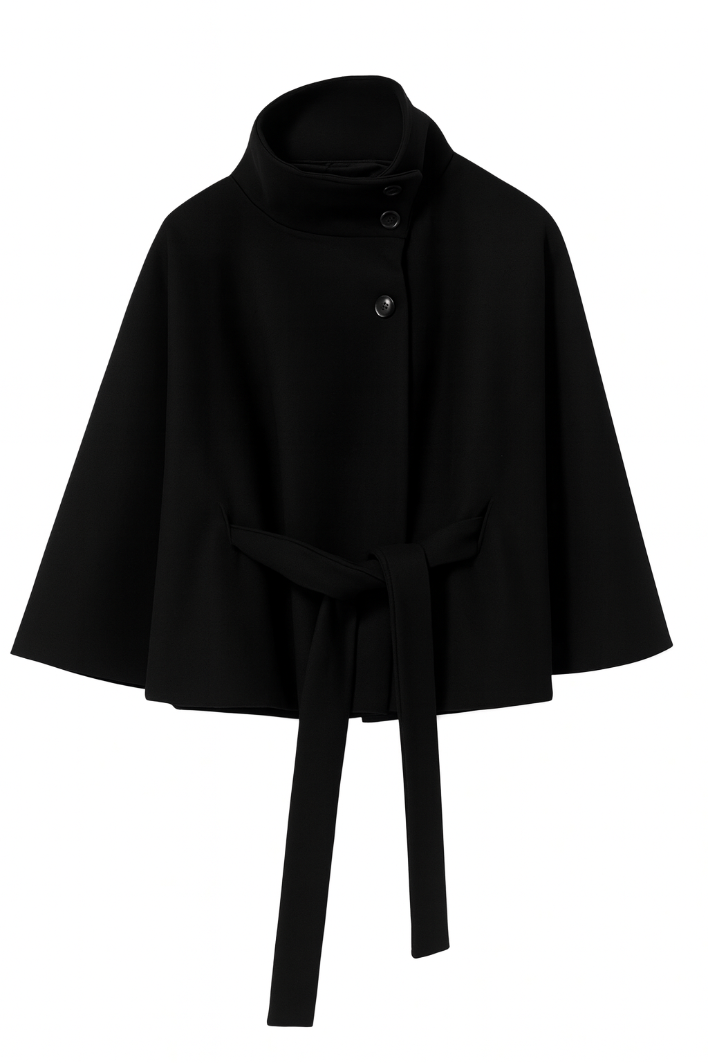 Elegant Women's Cape Coat with High Collar and Self-Tie Belt
