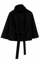Elegant Women's Cape Coat with High Collar and Self-Tie Belt