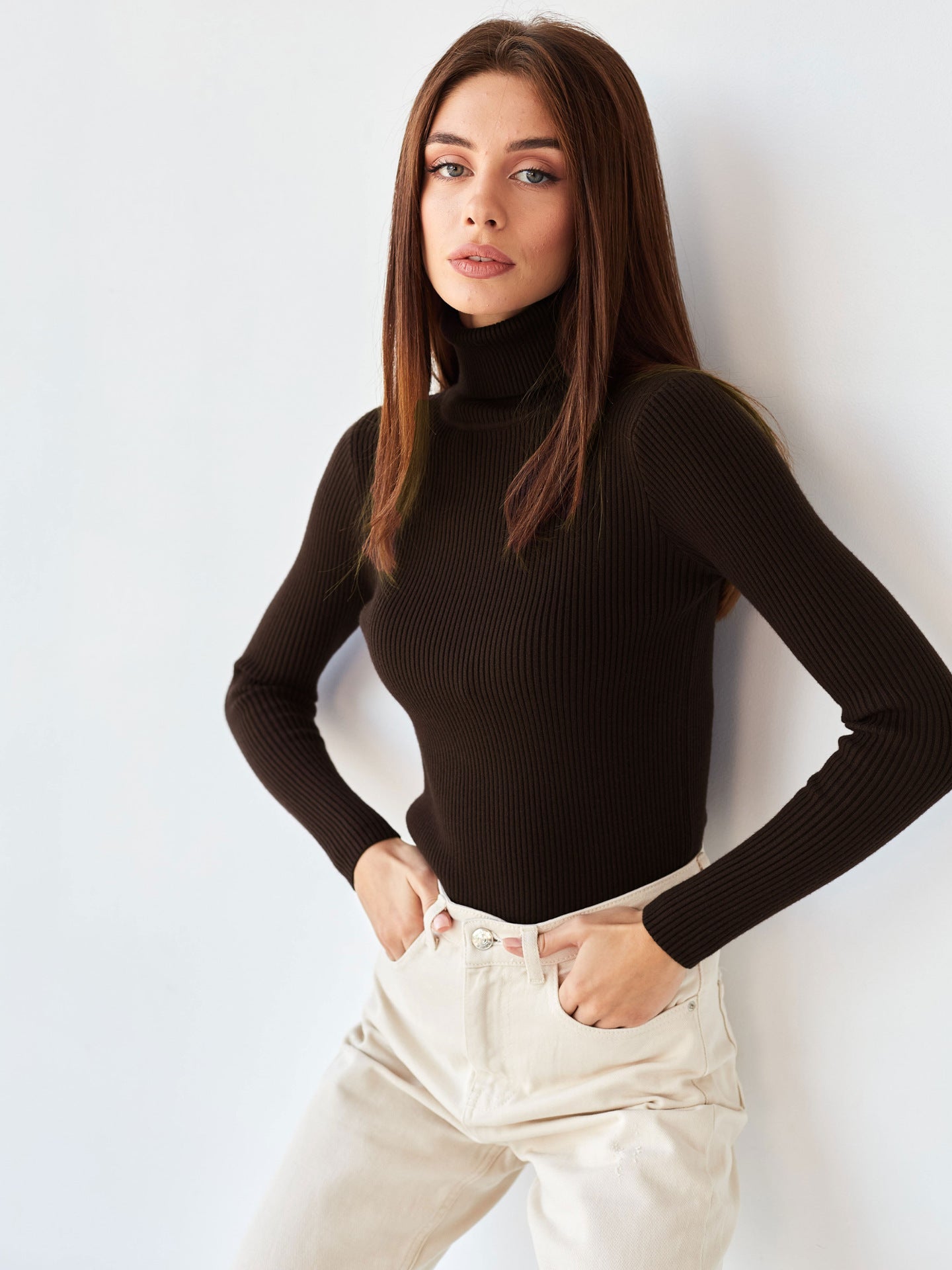 Women's Ribbed Turtleneck Knit Sweater - Slim Fit Long Sleeve Winter Pullover