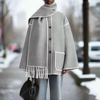 Shawl Collar Women's Coat with Button Front Contrast Stitching and Fringe Hem