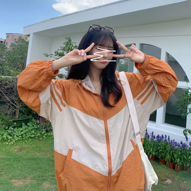 Contrast Color Hooded Sun Protection Clothing For Women Loose Thin Coat