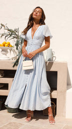 Long V-neck dress with puffed sleeves