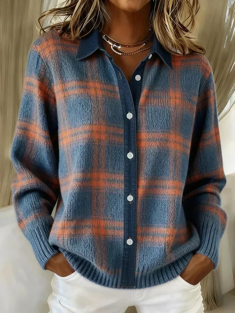 Women's Elegant Cozy Checkered Longline Cardigan