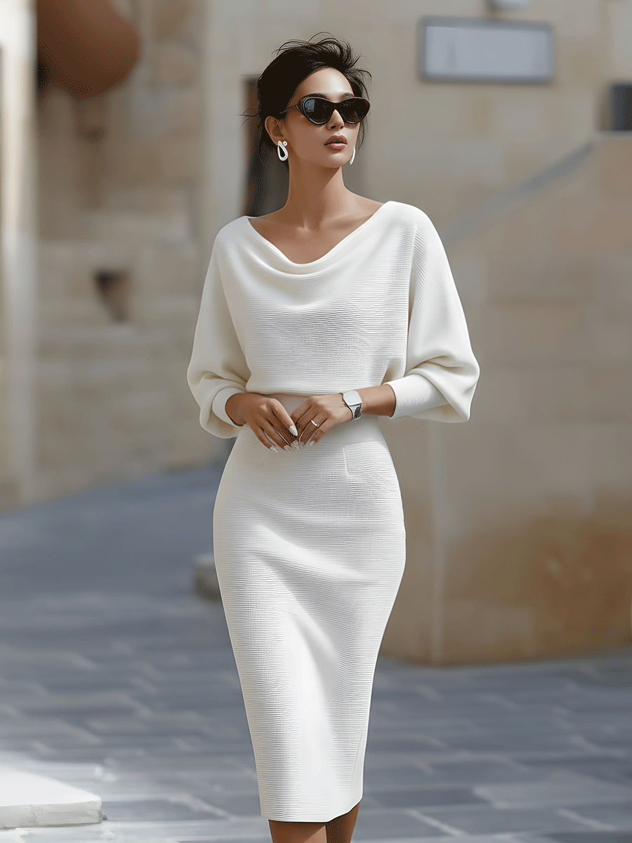 Women's Round Neck Midi Dress with Draped Silhouette