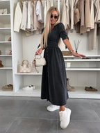 Elegant V-Neck Denim Dress for Women – Chic & Timeless Style