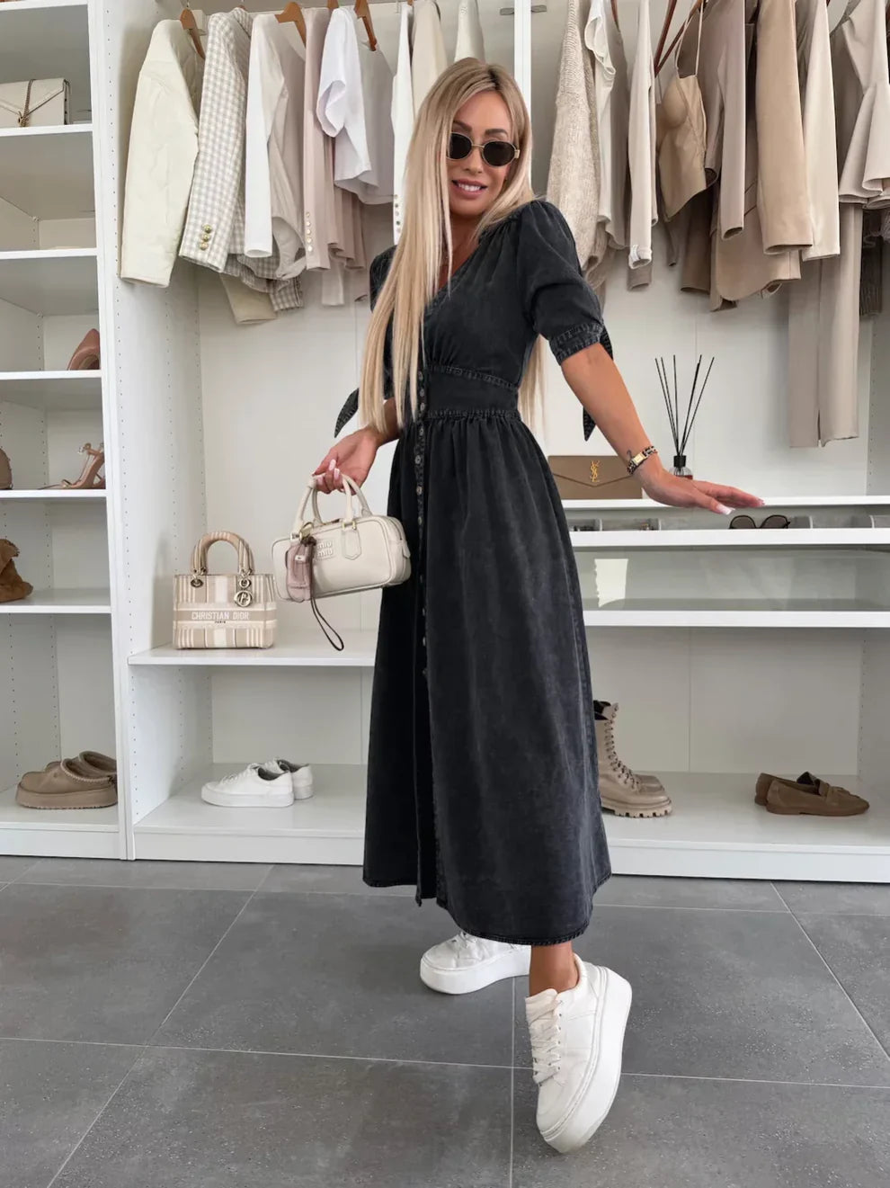 Elegant V-Neck Denim Dress for Women – Chic & Timeless Style