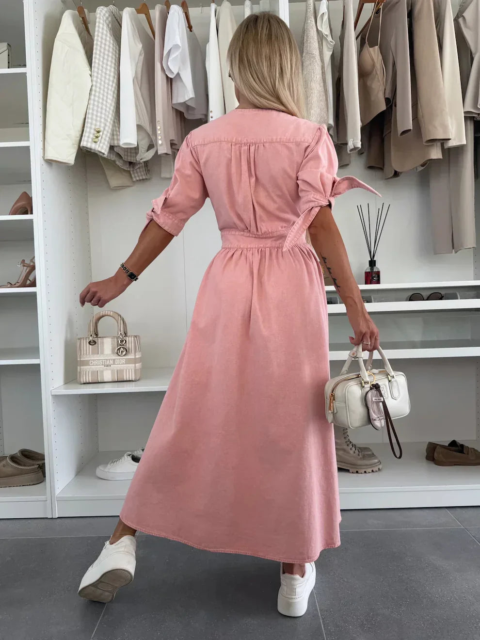 Elegant V-Neck Denim Dress for Women – Chic & Timeless Style