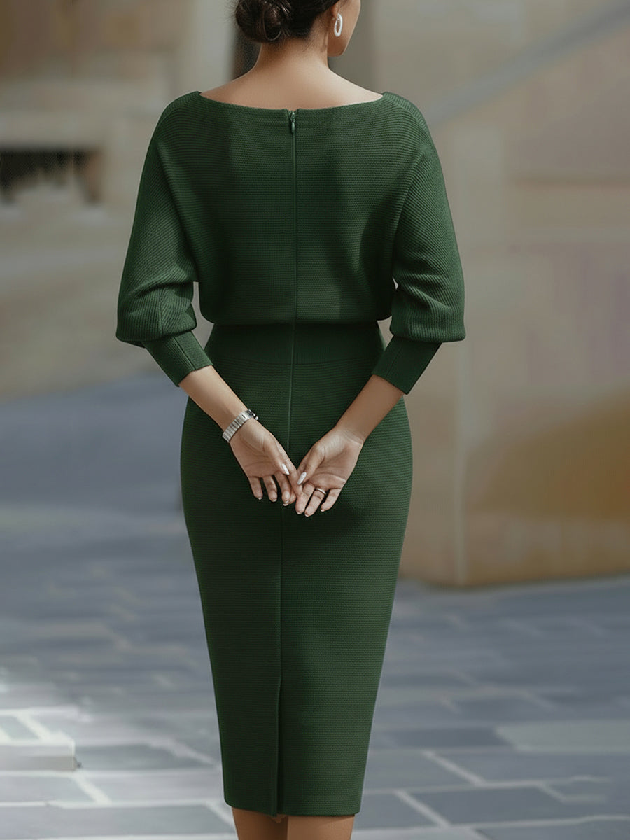 Women's Round Neck Midi Dress with Draped Silhouette