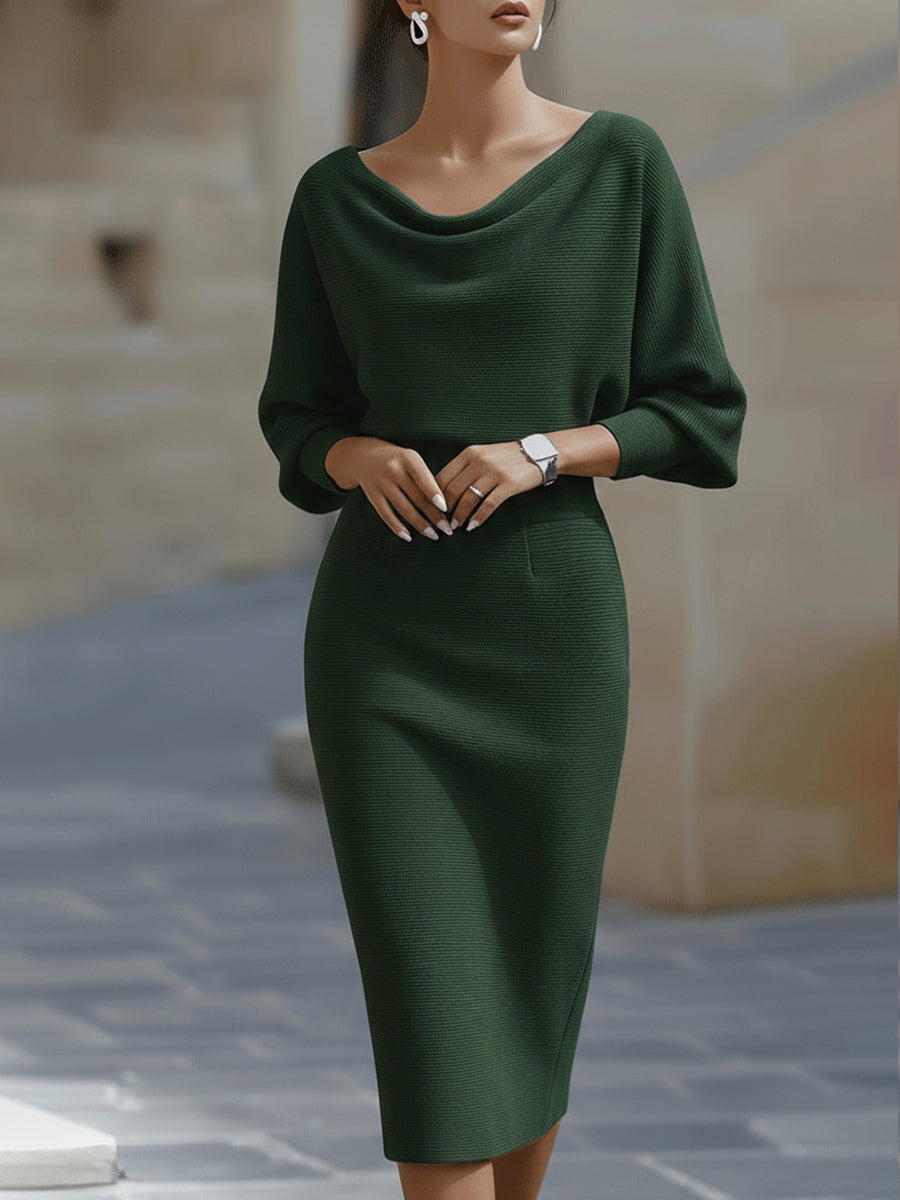 Women's Round Neck Midi Dress with Draped Silhouette