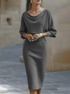 Women's Round Neck Midi Dress with Draped Silhouette