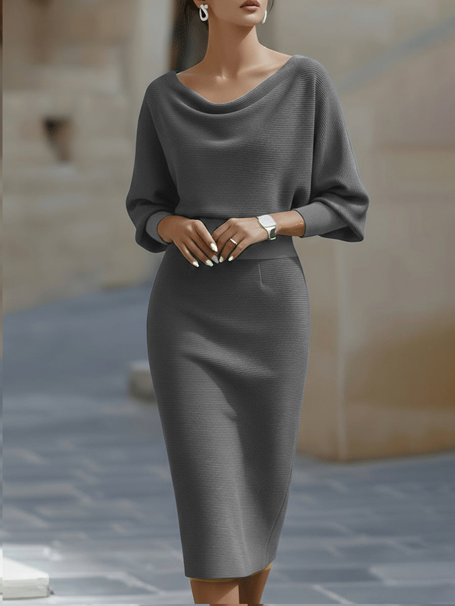 Women's Round Neck Midi Dress with Draped Silhouette