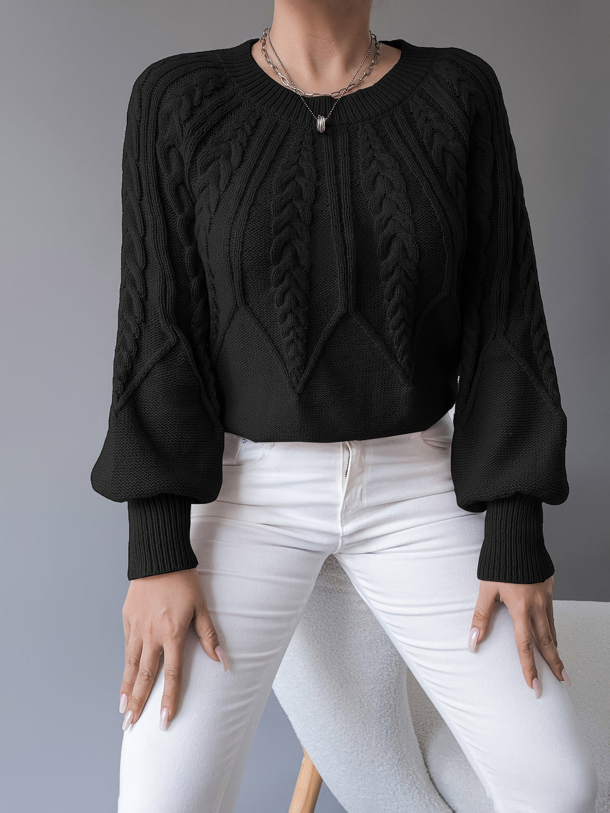 Cable Knit Sweater with Lantern Sleeves for Women