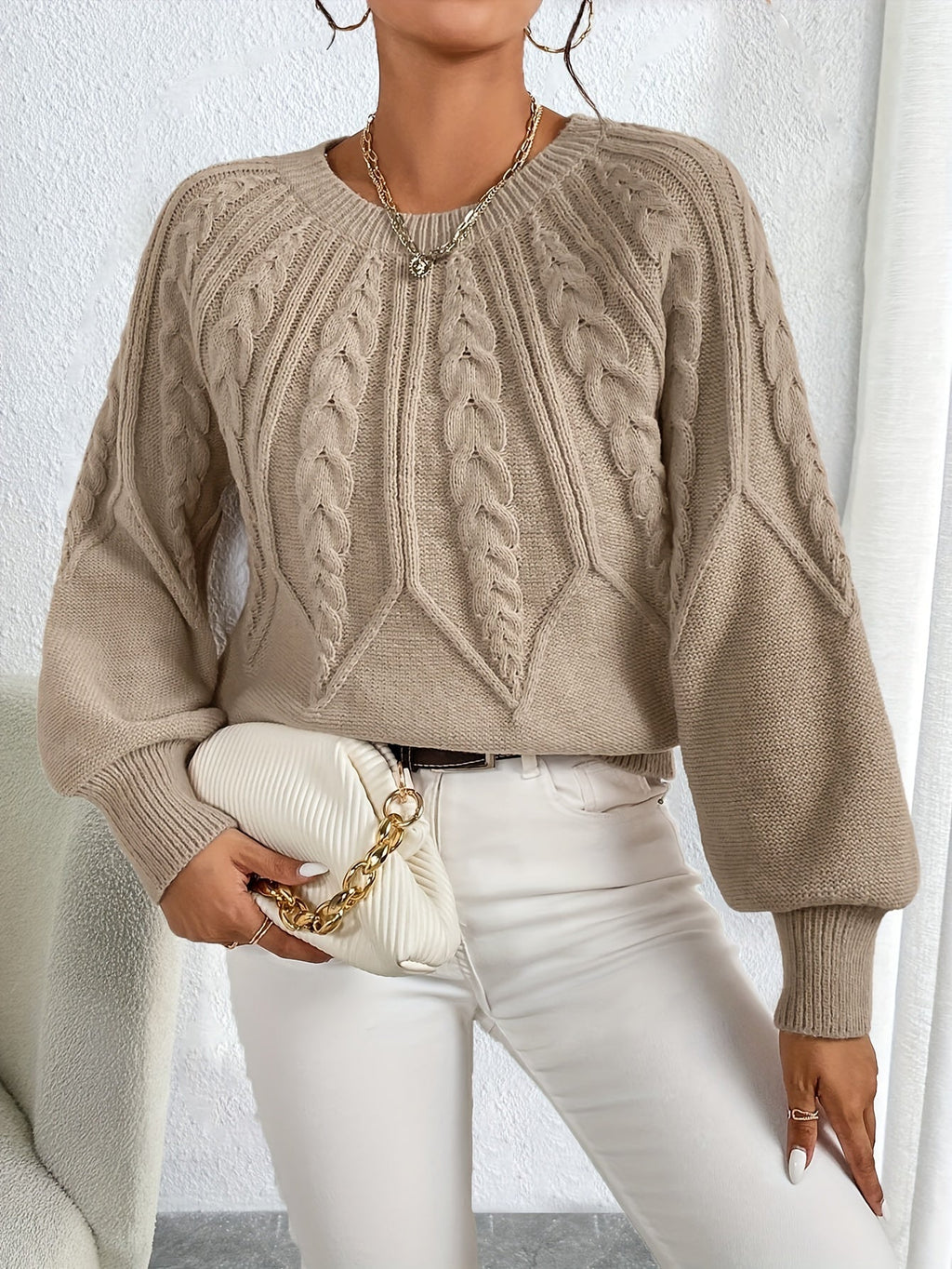 Cable Knit Sweater with Lantern Sleeves for Women