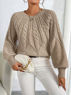 Cable Knit Sweater with Lantern Sleeves for Women