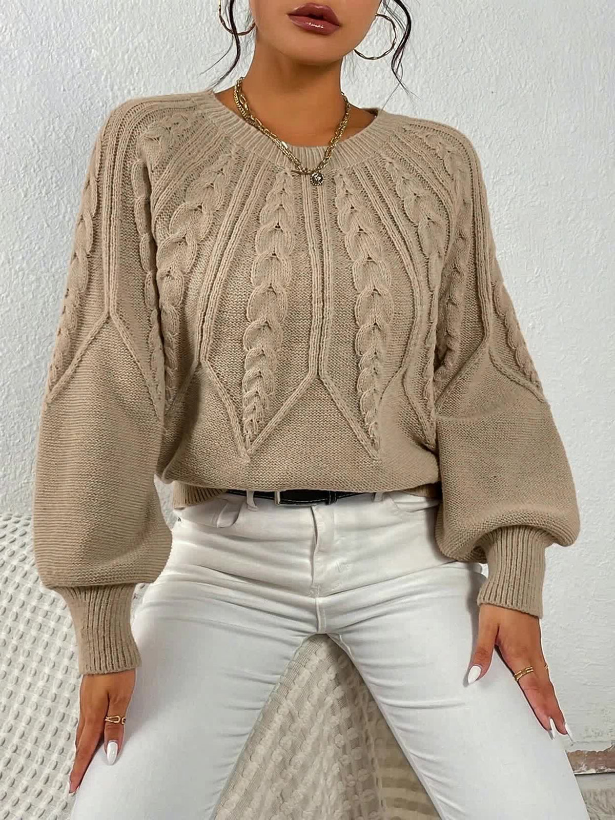 Cable Knit Sweater with Lantern Sleeves for Women