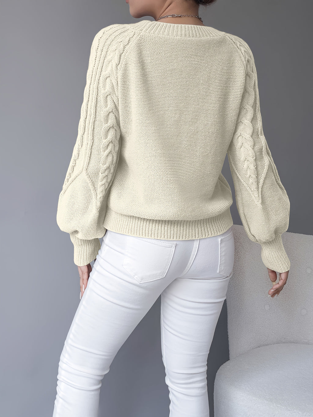 Cable Knit Sweater with Lantern Sleeves for Women