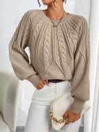 Cable Knit Sweater with Lantern Sleeves for Women