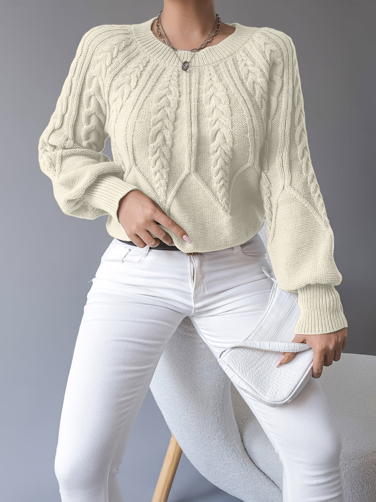 Cable Knit Sweater with Lantern Sleeves for Women
