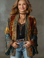 Women's Stylish Velvet-Touch Bohemian Cardigan with Intricate Patterns
