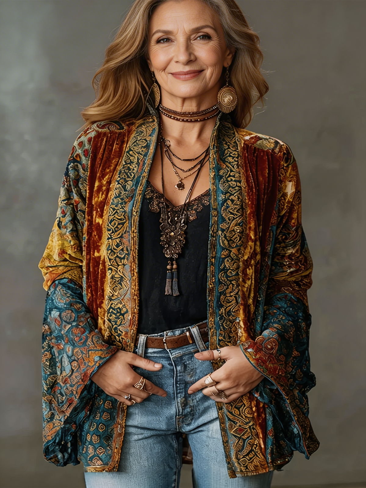 Women's Stylish Velvet-Touch Bohemian Cardigan with Intricate Patterns