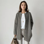 Oversized Button-Front Cardigan with Ribbed Cuffs and Open Collarless Neckline